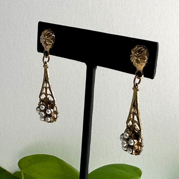 Vintage Gold Tone Filigree Dangle Earrings With Faux Seed Pearls For Pierced Ear - Picture 3 of 10